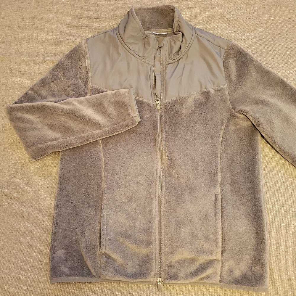 Danskin Now Womens Gray Full Zip Fleece Jacket Mock Neck Woven Yoke size 12-14 L